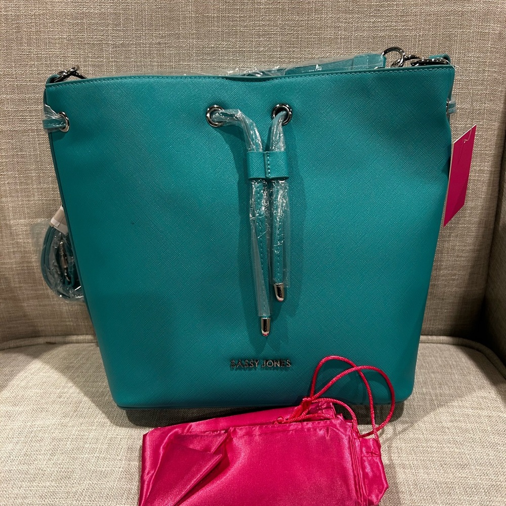 Sassy Jones Emma Saffiano Aqua Faux Leather Bucket Bag